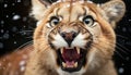 Furious tiger staring, wet fur, dangerous aggression in nature generated by AI