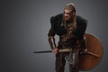 Furious viking from past holding shield and hatchet