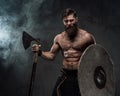 Furious viking with shield and axe in dark background