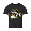 Furious wolf sport vector logo concept isolated on black t-shirt mockup.