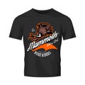 Furious woolly mammoth bikers gang club vector logo concept isolated on black t-shirt mock up. Royalty Free Stock Photo