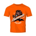 Furious woolly mammoth bikers gang club vector logo concept isolated on orange t-shirt mock up.