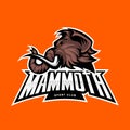 Furious woolly mammoth head sport vector logo concept isolated on orange background.