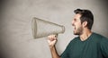 Furious young man yelling into a drawn megaphone Royalty Free Stock Photo