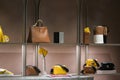 Furla luxury and fashionable handbags from new collection 2022, close up store show case