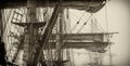 Furled sails and rigging on a tall ship