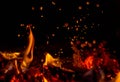 In the furnace a bright fire burns, it`s nice to sit by the hearth Royalty Free Stock Photo