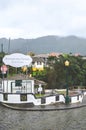 Furnas, Azores, Portugal - Jan 13, 2020: Village street by volcanic hot springs in Portuguese Furnas. Geothermal sulfur spring.