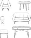 Set of furniture in vector. Vector illustration of chair, table, lamp, sofa and night table. Interior design. Coloring page.