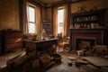 furniture, artifacts and everyday items left behind in abandoned house