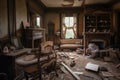 furniture, artifacts and everyday items left behind in abandoned house