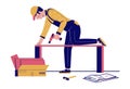 Furniture assembly. Handyman, furniture collector assembling closet, cupboard using hand drill tool, vector illustration