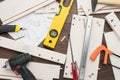 Furniture piece parts and tools during assembly process. furniture assembly on the wooden background. Royalty Free Stock Photo