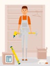 Furniture assembly service man. Vector cartoon character in flat style design. Handyman with drill tool and a hammer in