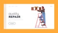 Furniture Assembly Service, Quality Repair Landing Page Template. Carpenter Worker with Level Tool Hanging Shelf on Wall Royalty Free Stock Photo