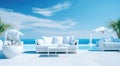 Furniture and beach luxury home with sky-blue, tranquil gardenscapes, poolcore