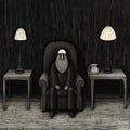 Furniture: A Dark Room With Anthropomorphic Animals And Monochromatic Realism Royalty Free Stock Photo