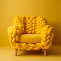 Furniture and decor made of threads of yellow yarn. Room design.