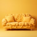 Furniture and decor made of threads of yellow yarn. Room design.