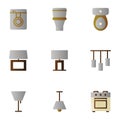 Furniture and decoration icon set include washing machine,bathroom,table lamp,lighting,chandelier,stove