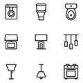 Furniture and decoration icon set include washing machine,bathroom,table lamp,lighting,chandelier,stove