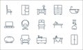 furniture decoration line icons. linear set. quality vector line set such as wardrobe, desk, soap, tea table, armchair, cabinet,