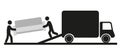 furniture delivery, pictogram, two movers carrying a sofa, figures of people