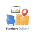 Move in home, furniture delivery service, fast relocation, armchair and pile of boxes