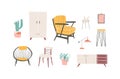 Furniture elements hand drawn vector illustrations set. Living room furnishing. Comfortable and stylish armchair