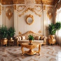 luxurious interior room in royal palace. gold classic interior with furniture and plants