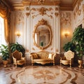 luxurious interior room in royal palace. gold classic interior with furniture and plants