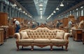 Furniture factory workers assemble wooden sofa frames in workshop. Craftsmen work on ornate furniture pieces, using tools for Royalty Free Stock Photo