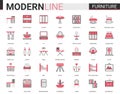 Furniture flat thin red black line icons vector illustration set, outline finishing items decorate home or office room Royalty Free Stock Photo