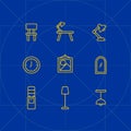 Furniture home appliances blue and yellow line icon set collection Royalty Free Stock Photo