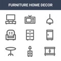 9 furniture home decor icons pack. trendy furniture home decor icons on white background. thin outline line icons such as drawers