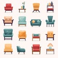 Furniture for the home icons set. Armchair, sofa, chair etc. Vector illustration