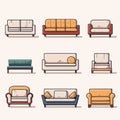 Furniture for the home icons set. Armchair, sofa, chair etc. Vector illustration