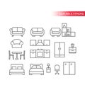 Furniture, home interior thin line vector icons.