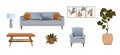 Furniture for the interior. Boho style, blue sofa, coffee table, tuned pattern set, lamp, blue armchair, home flowers. Isolated Royalty Free Stock Photo