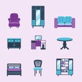 Furniture interior icons home design modern living room house comfortable apartment vector illustration Royalty Free Stock Photo