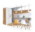 Vector interior design hand drawn illustration. kitchen dining room furniture. sketch. Royalty Free Stock Photo