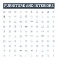 Furniture and interiors vector line icons set. Furniture, Interiors, Sofas, Chairs, Tables, Desks, Beds illustration