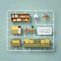 Furniture kit set.Sofa armchair cabinet lamp table with tag.Concept for furniture advertising or home decoration.