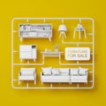 Furniture kit set.Sofa armchair cabinet lamp table with tag.Concept for furniture advertising or home decoration