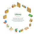 Furniture for Library 3d Banner Card Circle Isometric View. Vector Royalty Free Stock Photo