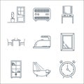 furniture line icons. linear set. quality vector line set such as alarm clock, bathroom, shelf, mirror, iron, kitchen table,