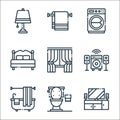 furniture line icons. linear set. quality vector line set such as cabinet, toilets, bath, speaker, curtains, bed, washing machine