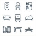 furniture line icons. linear set. quality vector line set such as coffee table, side table, divider, sofa, cupboard, couch, shelf Royalty Free Stock Photo