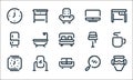 Furniture line icons. linear set. quality vector line set such as vase, sofa, alarm, pan, mirror, fridge, lamp, computer, table Royalty Free Stock Photo