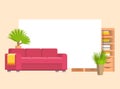 Furniture in living or bedroom objects set with leather sofa and wooden shelf with frame and books vector cartoon